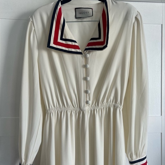 Gucci white silk maxi dress with red white and blue trim collar size S - Picture 4 of 7